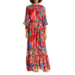 Farm Rio Animal Collage Maxi Dress‎ Red Long Sleeves Tiered Beaded Tassels